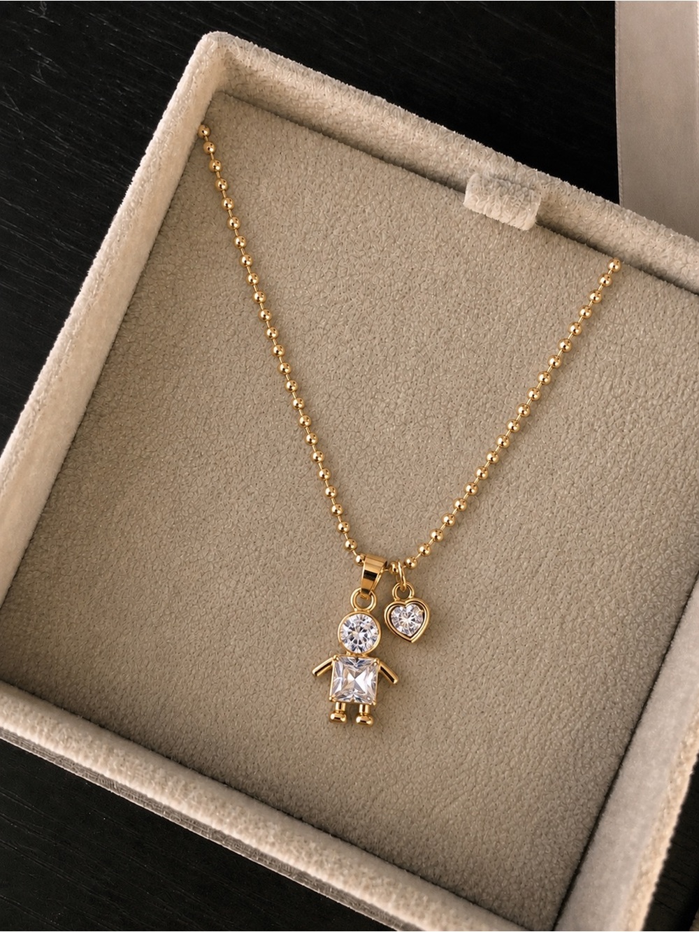 18k Gold Crystal Doll Pendant Necklace with Heart Charm - Gold